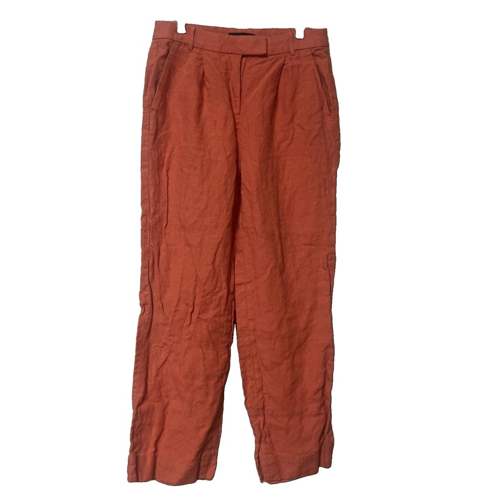 Banana Republic Women Coral Orange 100% Linen High Rise Relaxed Straight Pants 4